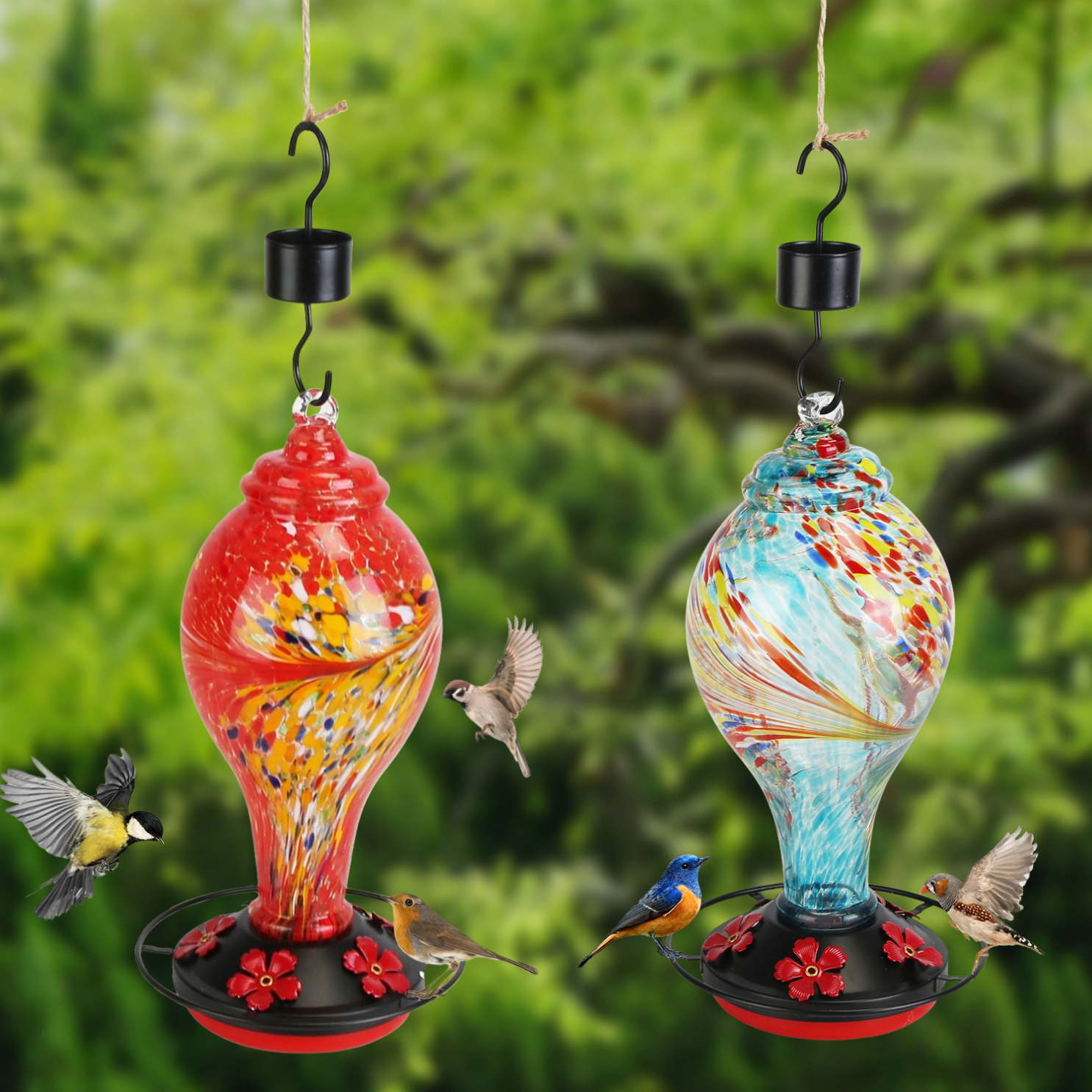 Hand-Blown Glass Hummingbird Feeder
